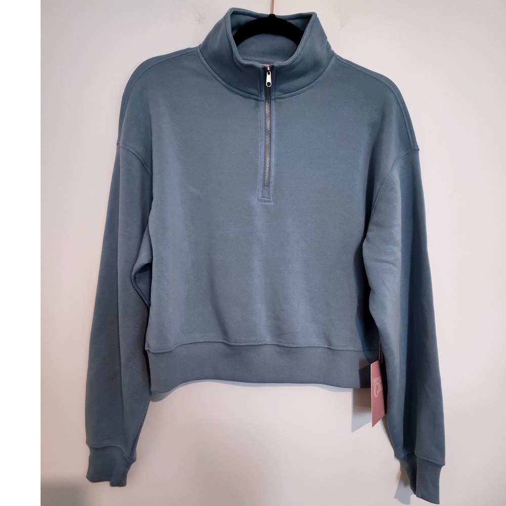 Homebody Club Women Blue Quarter Zip Cropped Sweatshirt Pullover Size M NWT